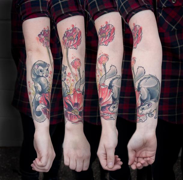 Daniel_Claessens_sketchy_stylized_abstract_watercolor_ferret_ferrets_poppys_colorful_colortattoo_tattoo_custom_tattoos