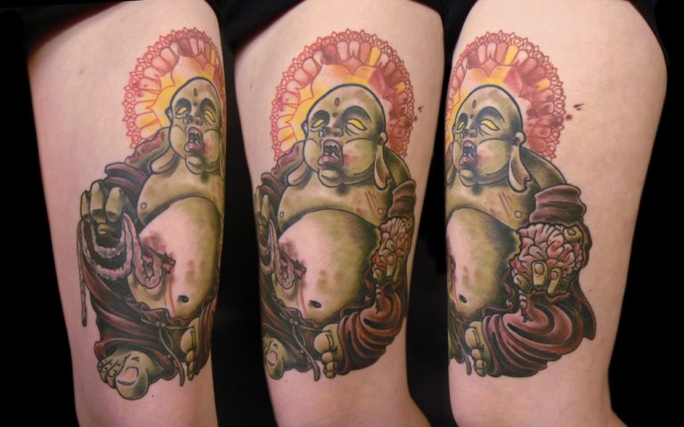 Zombie_Buddha_Colorful_Funny_Tattoo_Thigh_Piece_Custom_Tattoos_Daniel_Claessens